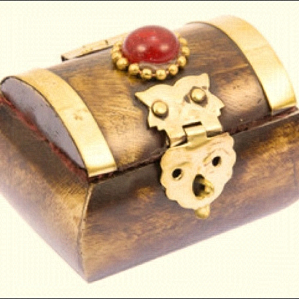 Vintage MINI TREASURE BONE BOX MINI GEM STUDDED BRASS WOOD | RED FABRIC  LINING